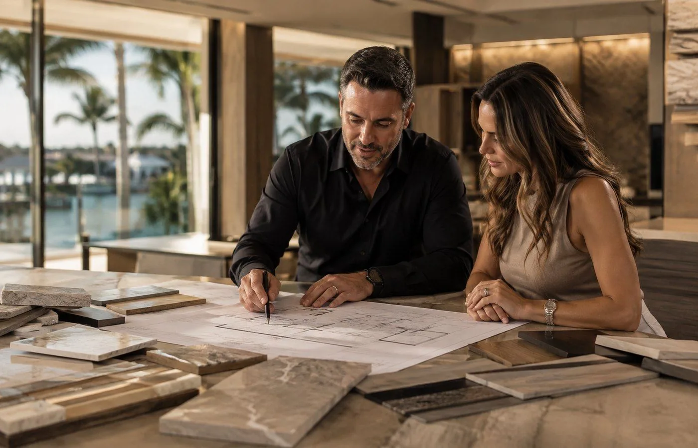 Reviewing drawings with a client before construction begins