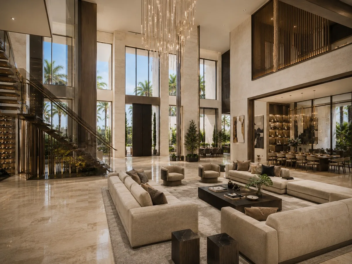 Two-storey living room in Boca Raton, seen from the stair