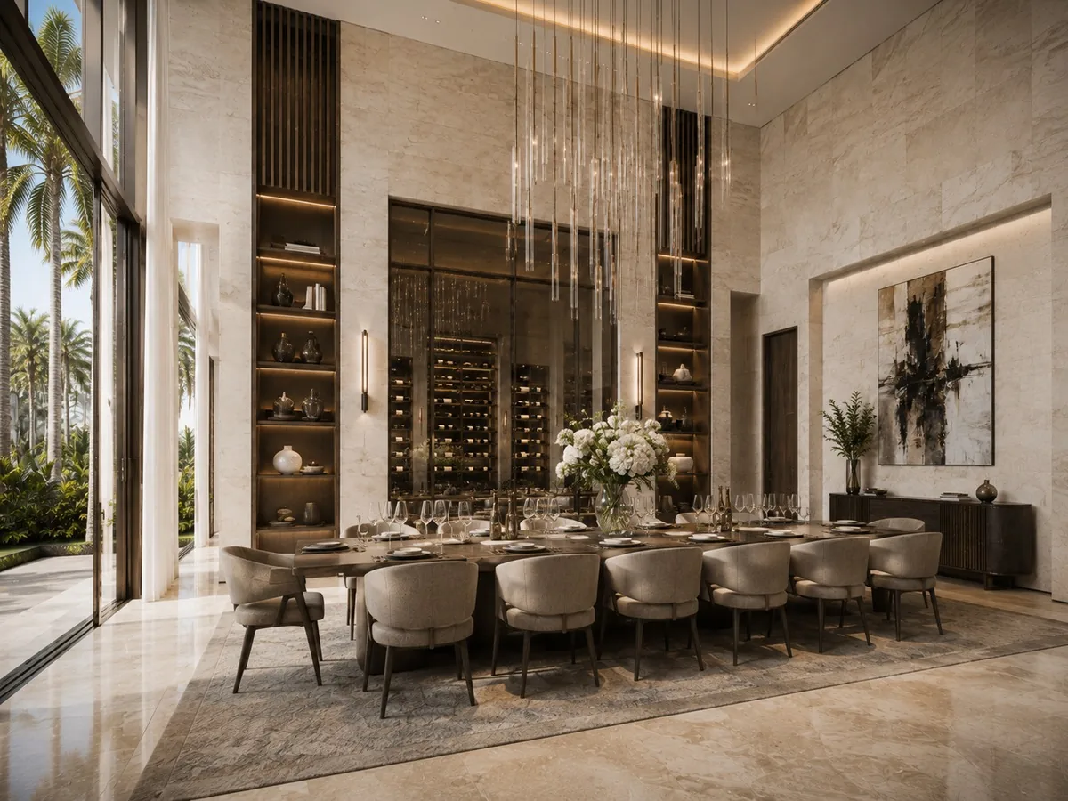 Formal dining room in Delray Beach, seen from the garden doors