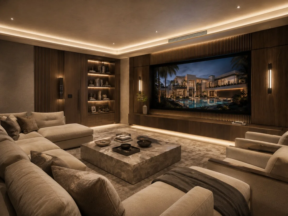 Media room rebuilt in a Plantation home, seen from the seating
