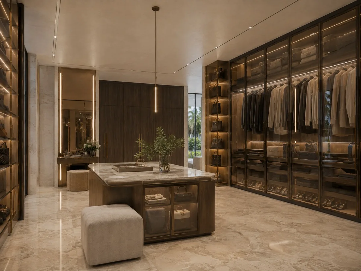 Dressing room in West Palm Beach, seen from the vanity end