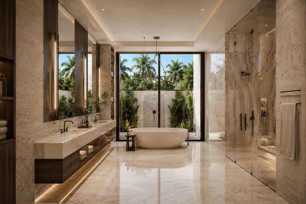 The same Aventura primary bathroom after the remodel